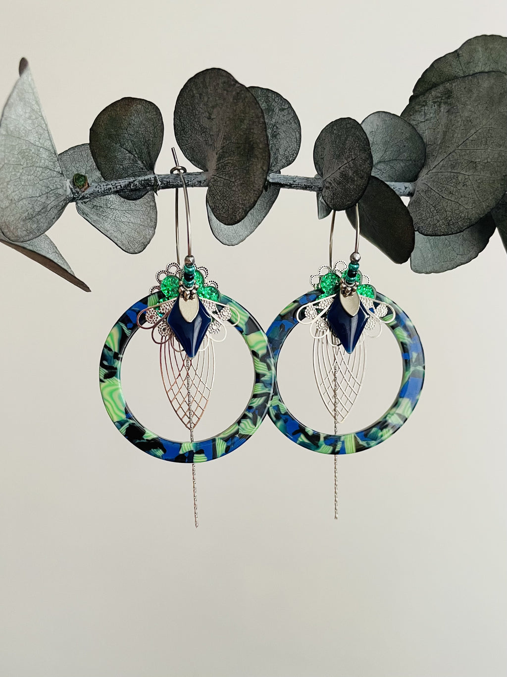 "Perched Parrot" green and blue creoles