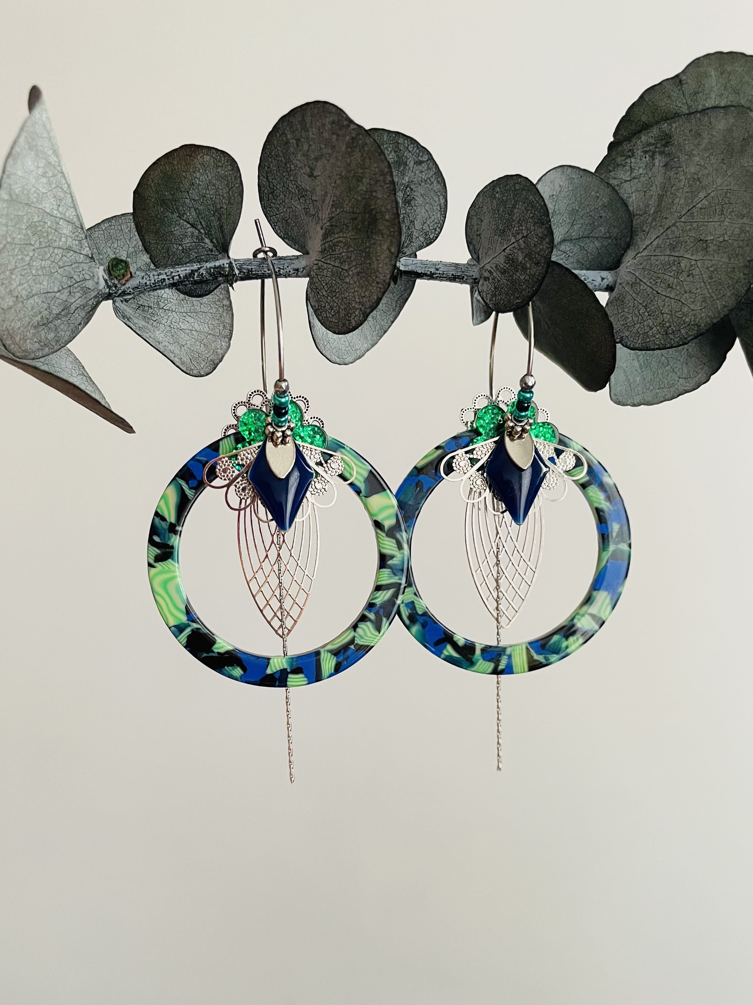 "Perched Parrot" green and blue creoles