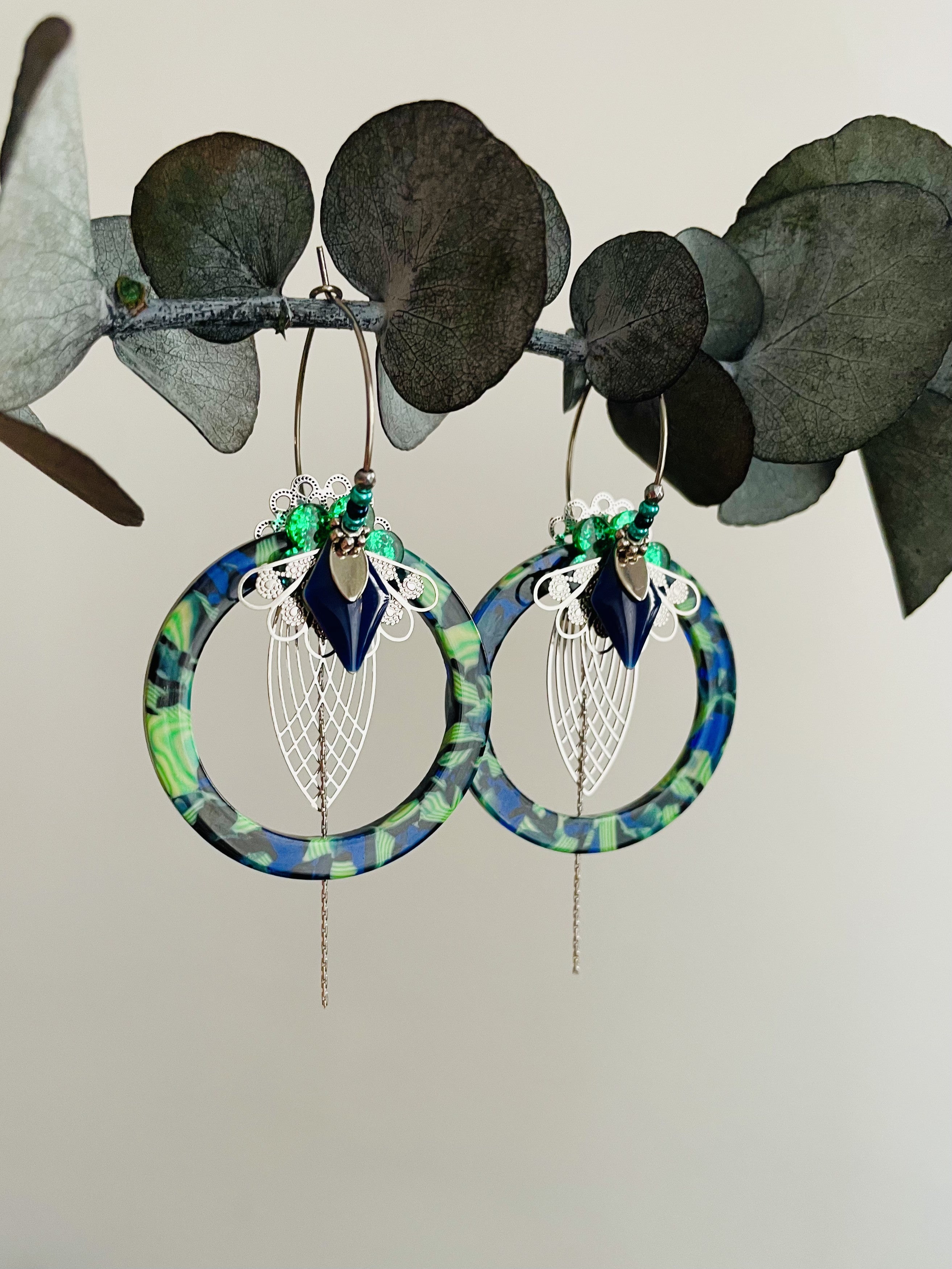 "Perched Parrot" green and blue creoles