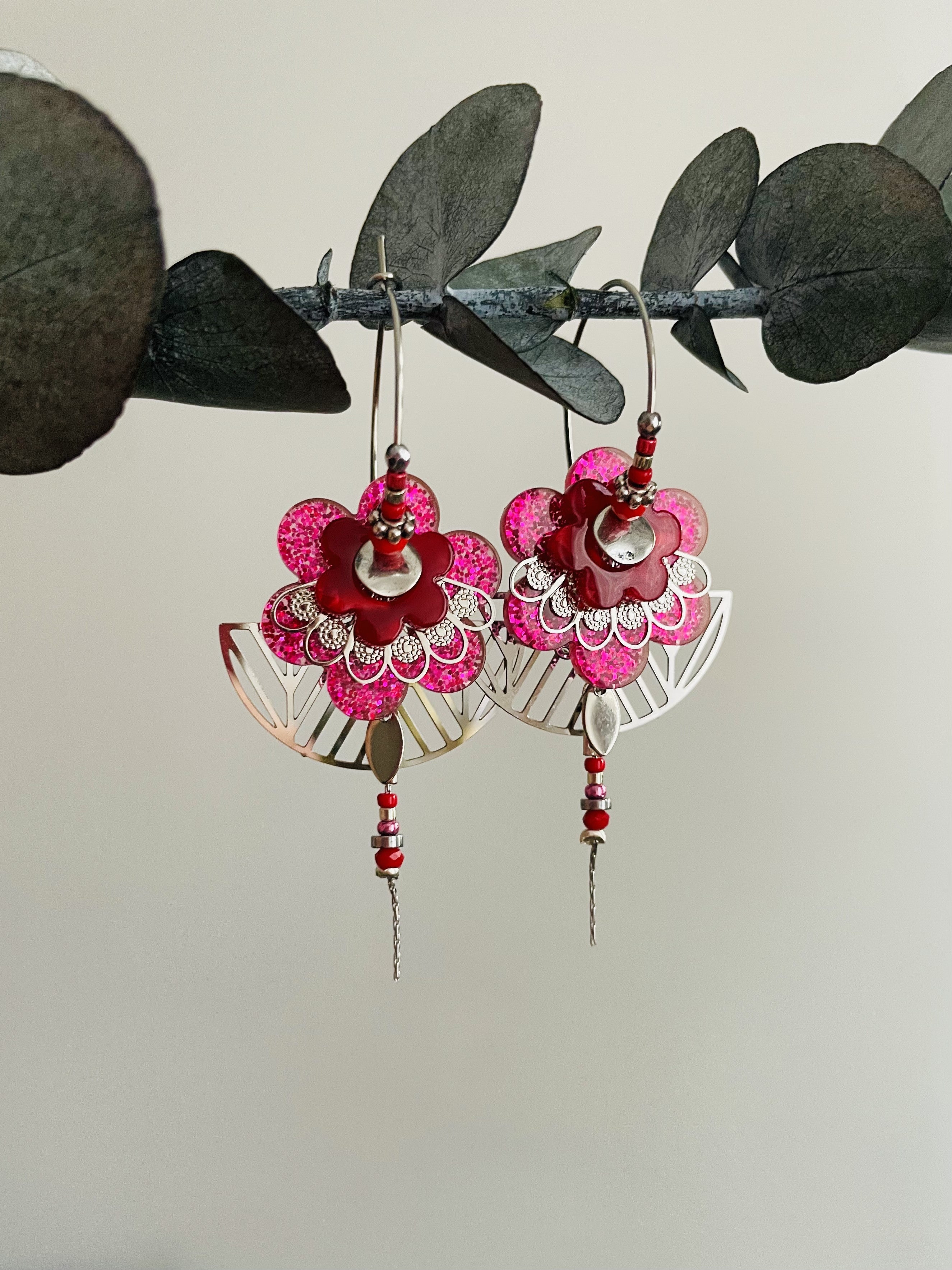 Créoles "Fleur Demi-lune art déco" roses