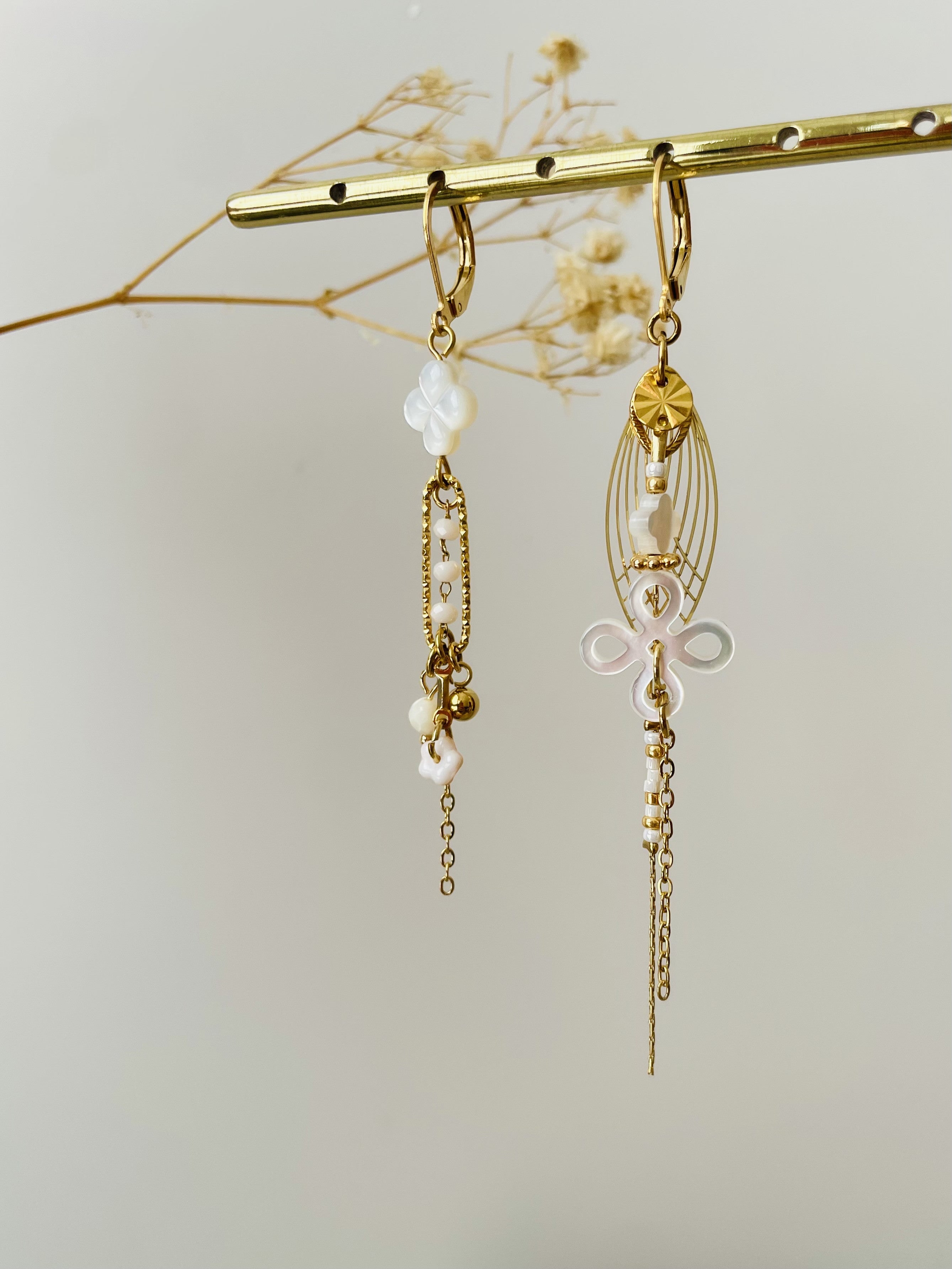 "Treffles Asymmetrical Mother-of-Pearl" Sleeper Earrings