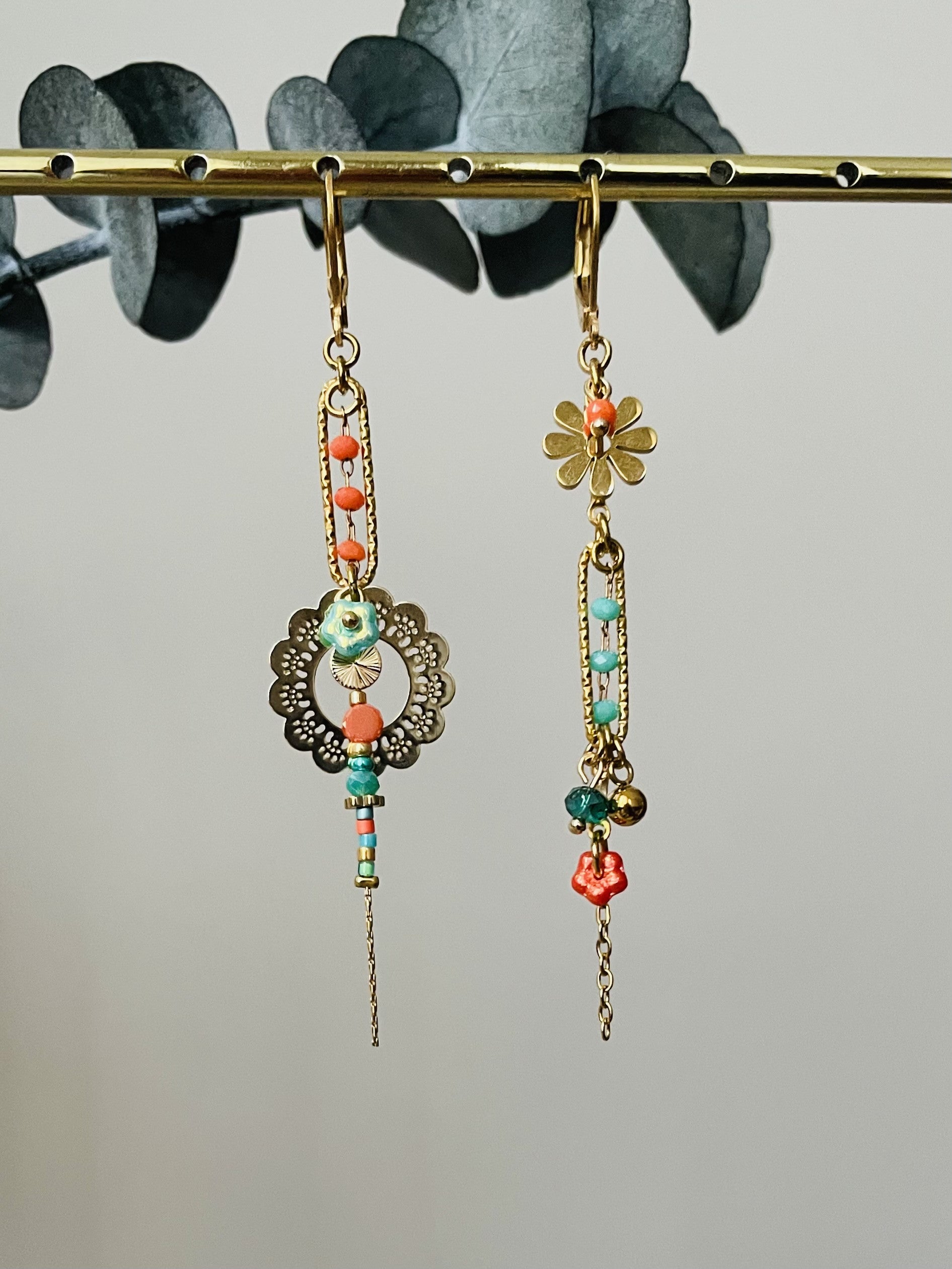 "Romantic Asymmetric Flowers" orange and blue sleeper earrings