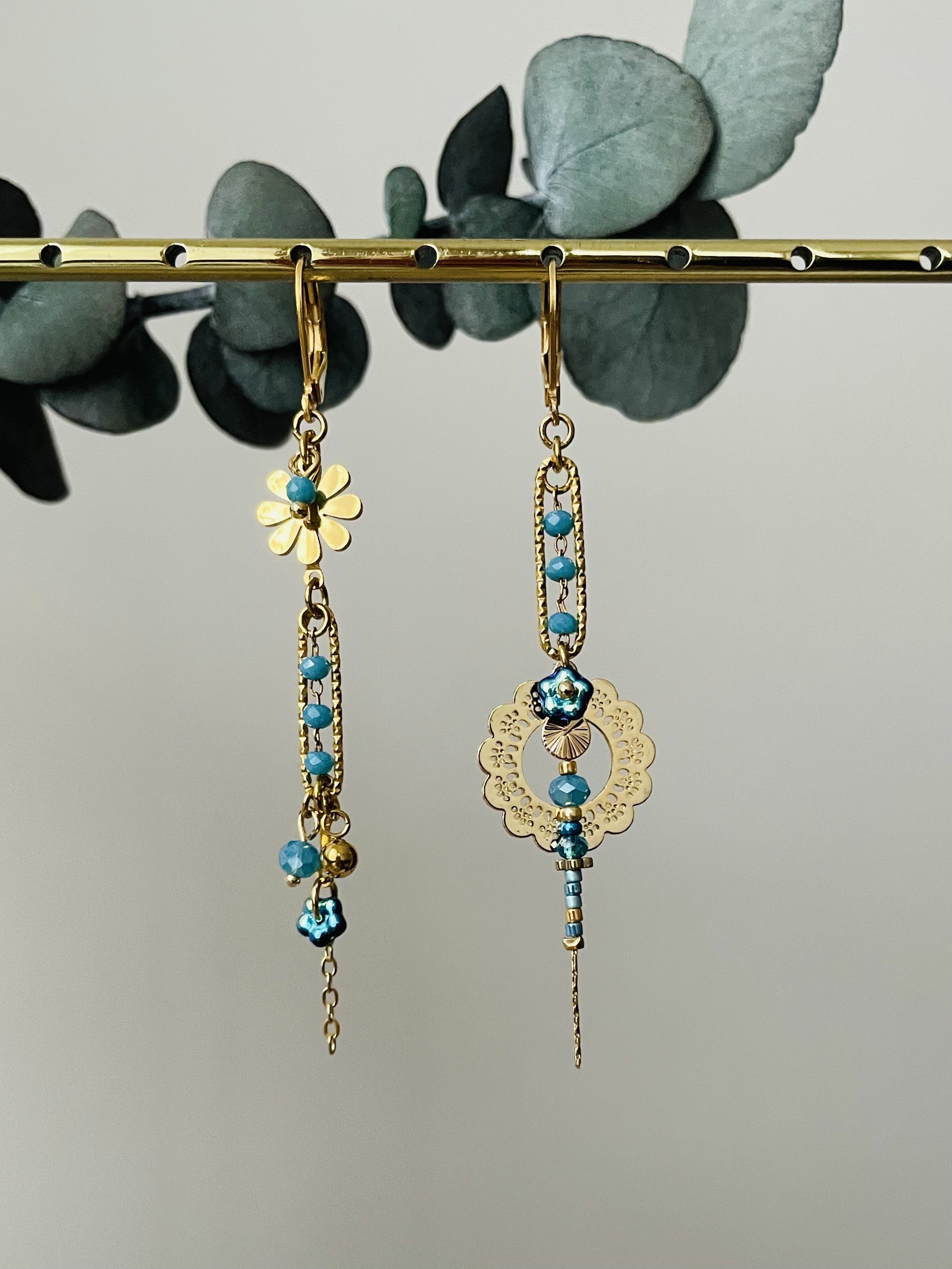 "Romantic Asymmetrical Flowers" blue sleeper earrings