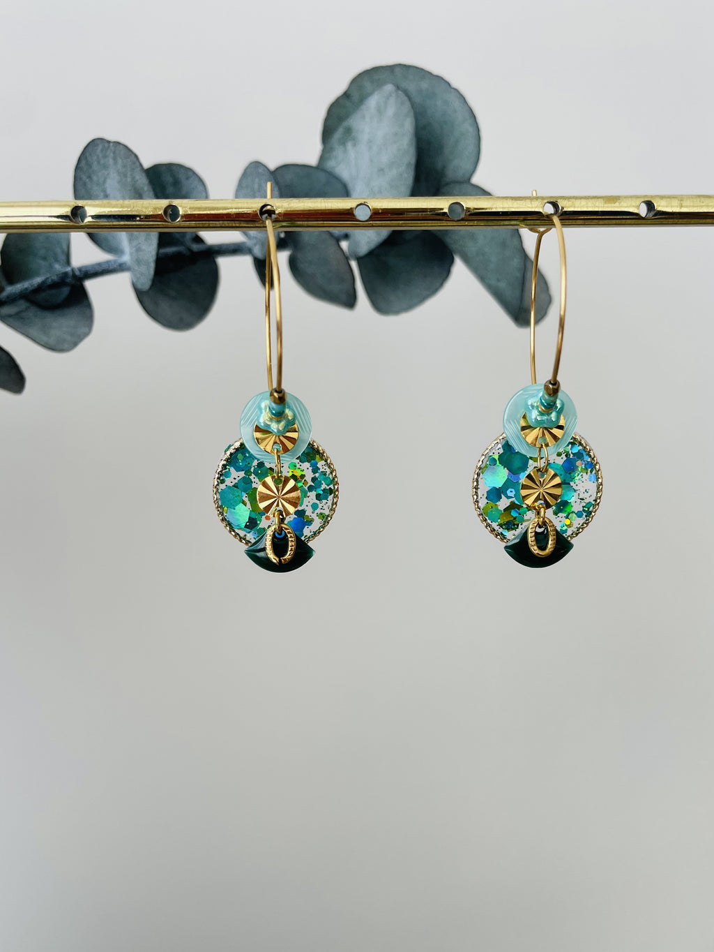 Créoles "Bouton Paillette" bleu turquoise
