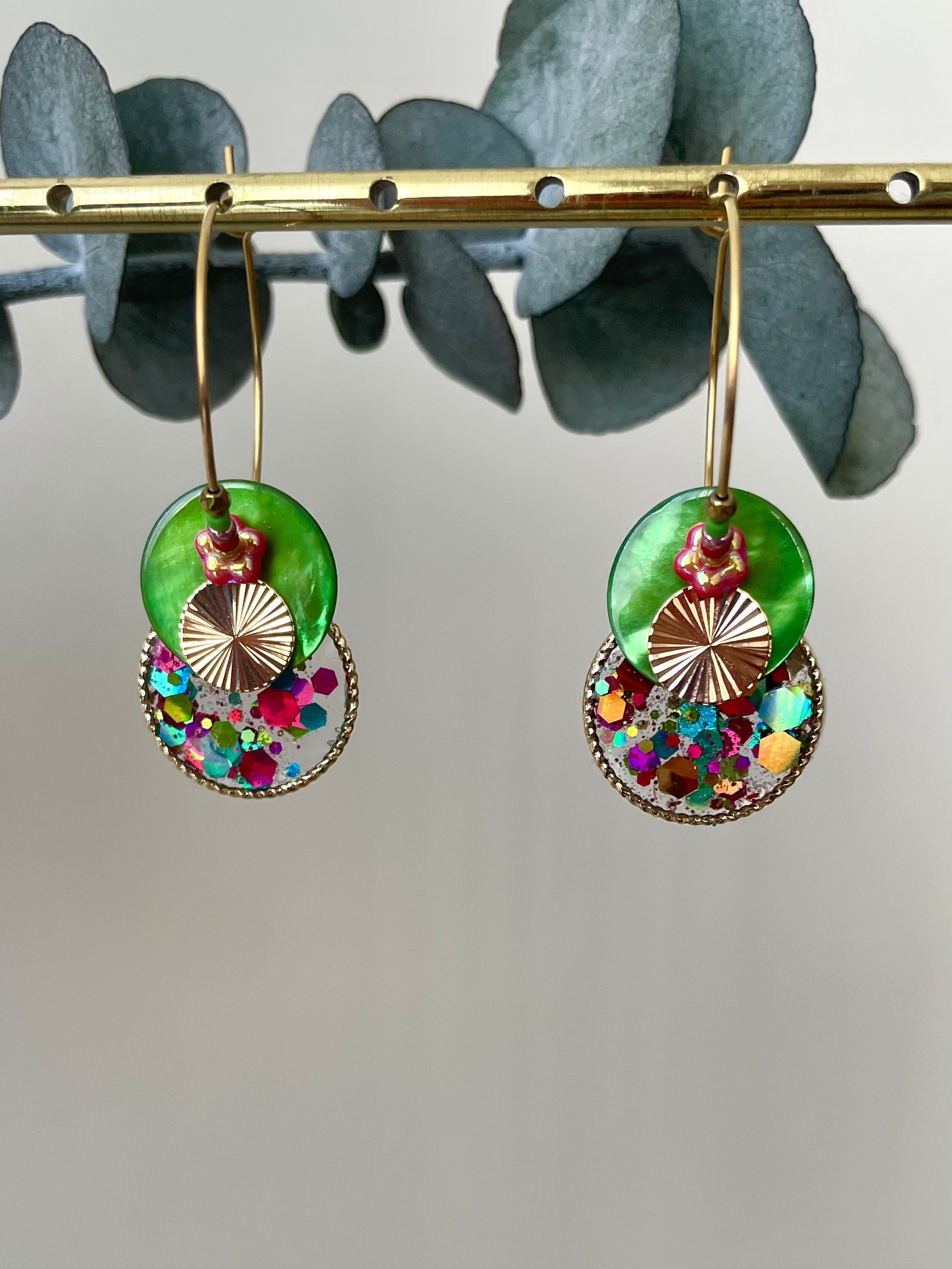 Green and Red "Sequined Button" Creole Earrings