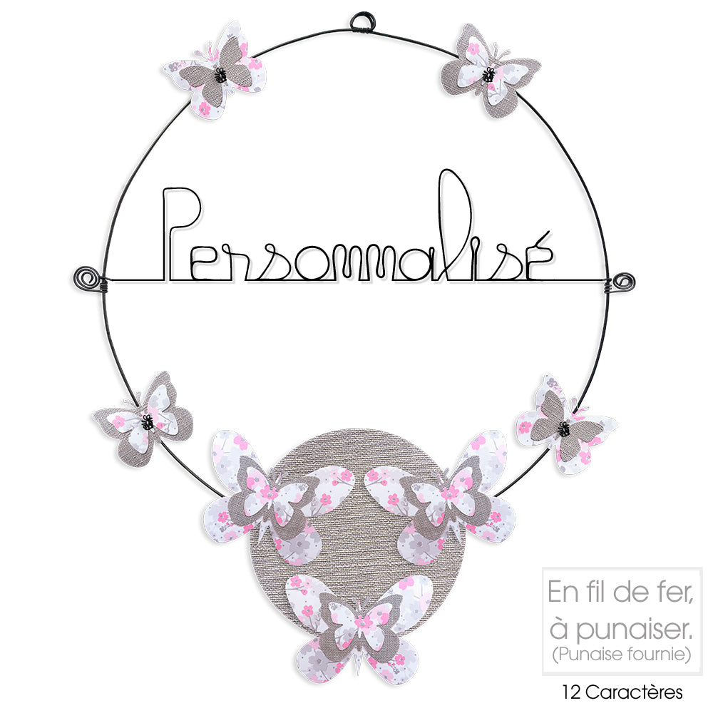 Message coloré personnalisable en fil de fer - 1 ligne - Papillon - Rose - environ 37 x 46 cm - Bijoux de mur