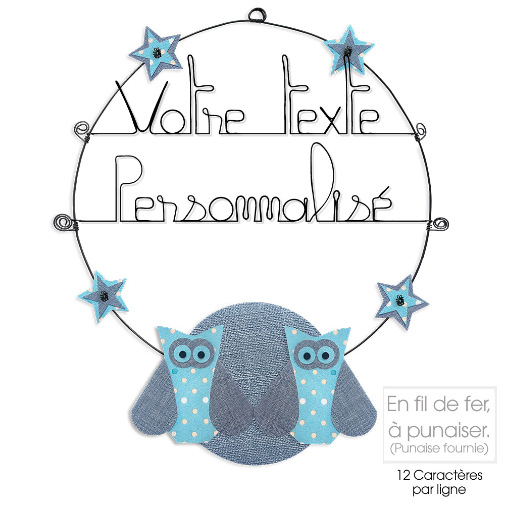 Message coloré personnalisable en fil de fer - 2 lignes - Chouette - Bleu - environ 37 x 44 cm - Bijoux de mur