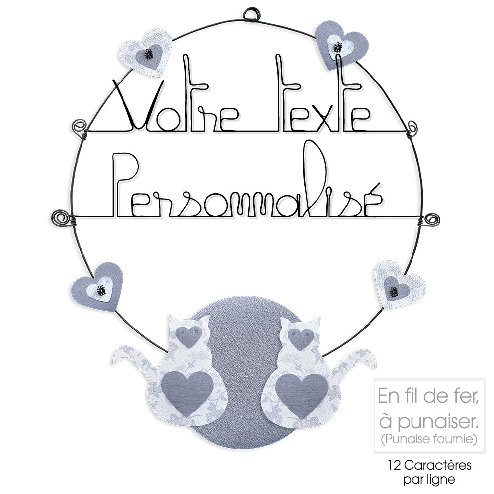 Message coloré personnalisable en fil de fer - 2 lignes - Chat - Blanc - environ 37 x 44 cm - Bijoux de mur