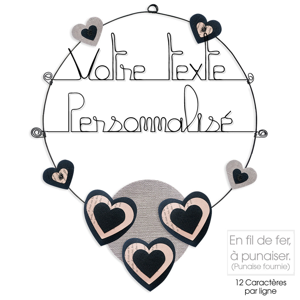Message coloré personnalisable en fil de fer - 2 lignes - Coeur - Noir - environ 37 x 47 cm - Bijoux de mur