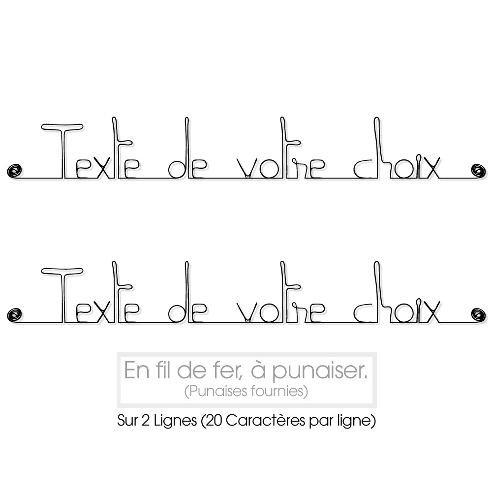 Message simple " Personnalisable 2 lignes " en fil de fer - à punaiser - Bijoux de mur