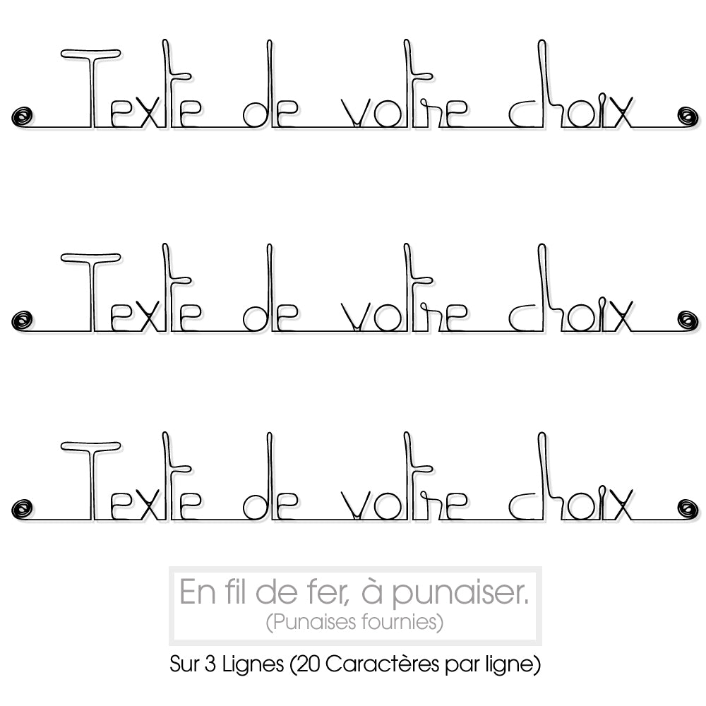 Message simple " Personnalisable 3 lignes " en fil de fer - à punaiser - Bijoux de mur