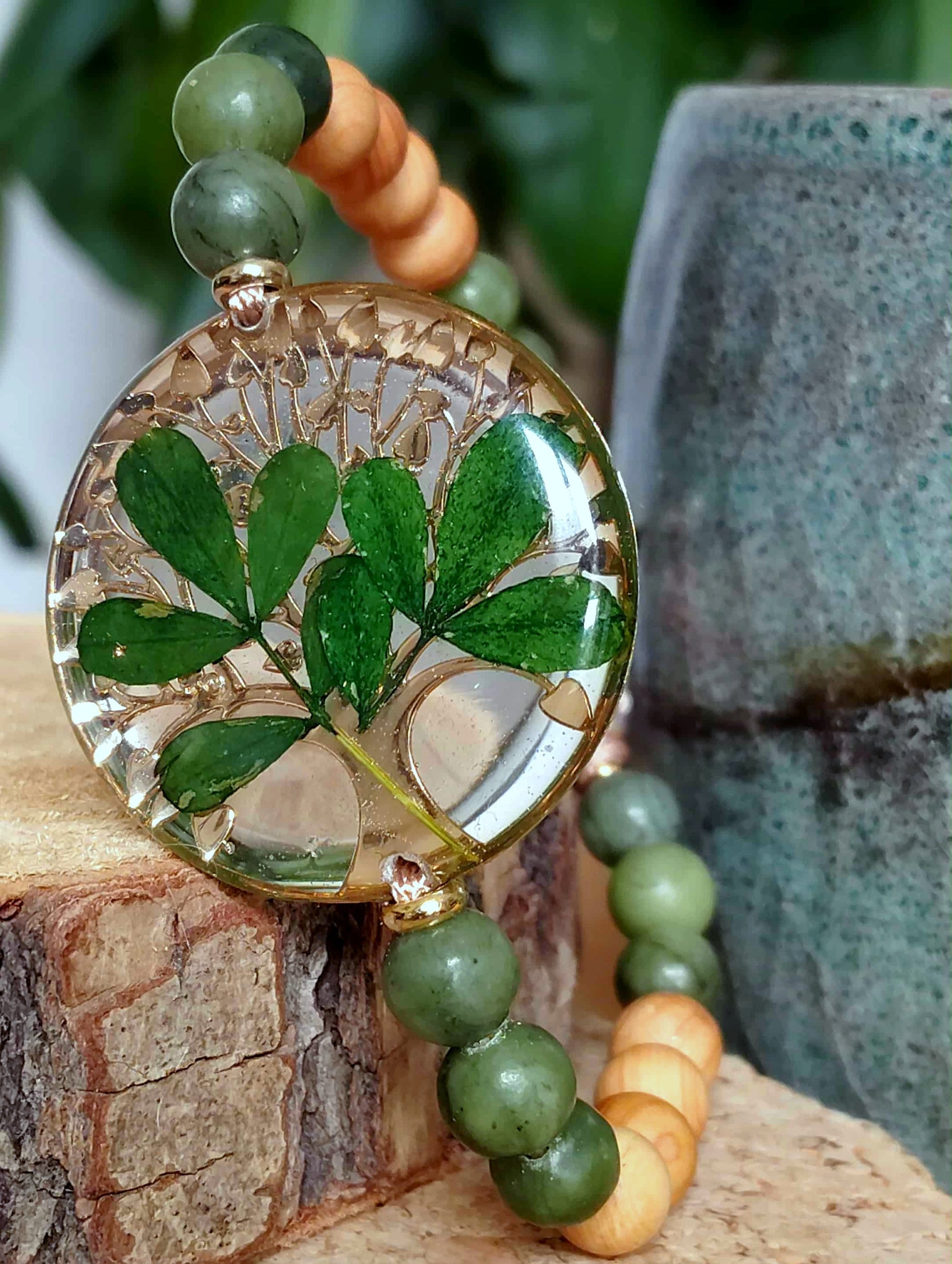 Bracelet, Arbre de vie Feuille indigotier Jade