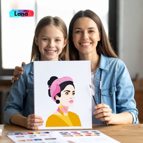 Portrait pop art féminin LANA peint avec le coffret Panash Art