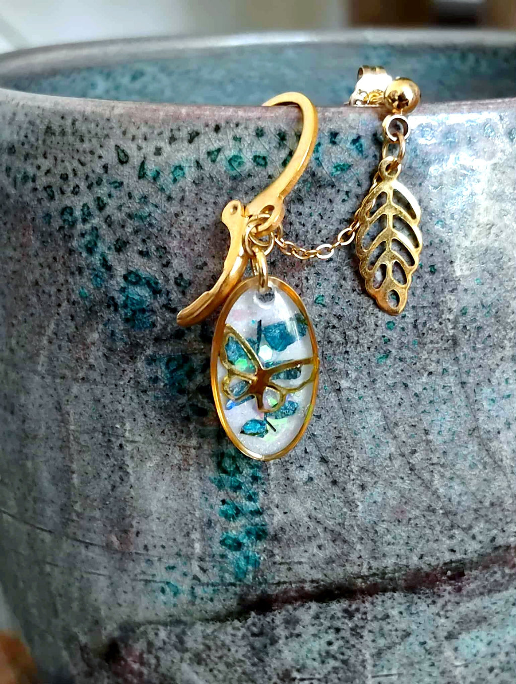 Boucles d'oreille, double piercing , Fougère