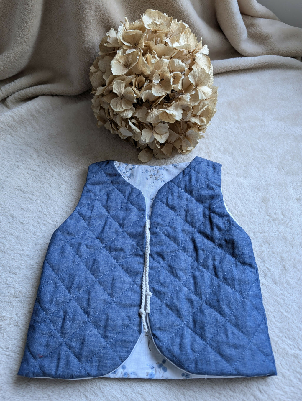 QUILTED SHEPHERD VEST BLUE DENIM WITH BLUE FLOWERS 18 MONTHS-3 YEARS