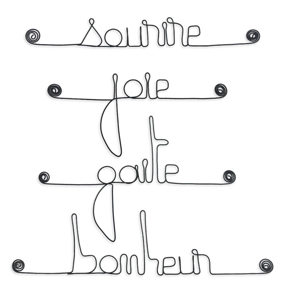 Lot de petits messages en fil de fer - BONHEUR : Bonheur, Gaité, Joie, Sourire - Bijoux de mur