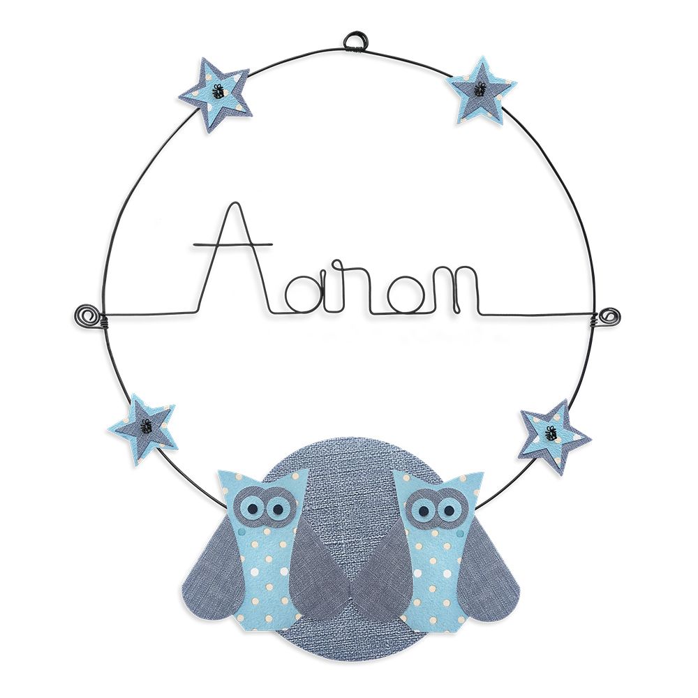 Prénom Aaron en fil de fer - Chouette bleue - Bijoux de mur