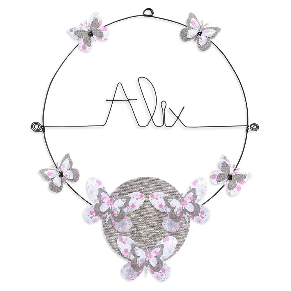 Prénom Alix en fil de fer - Papillon rose - Bijoux de mur
