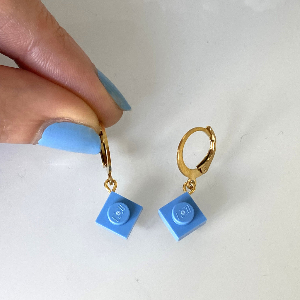 Mini stainless steel sleeper earrings with a Lego® brick
