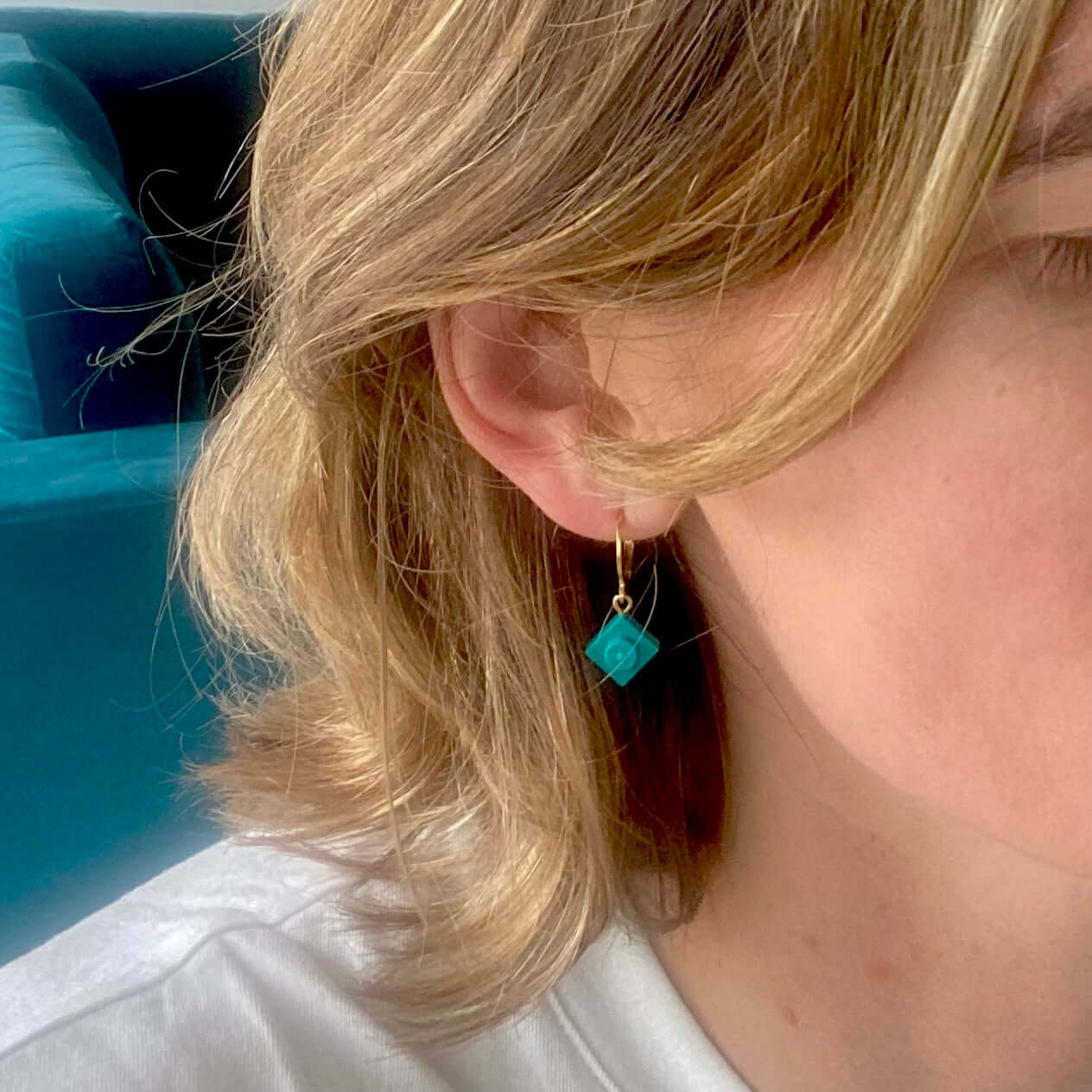 Mini stainless steel sleeper earrings with a Lego® brick