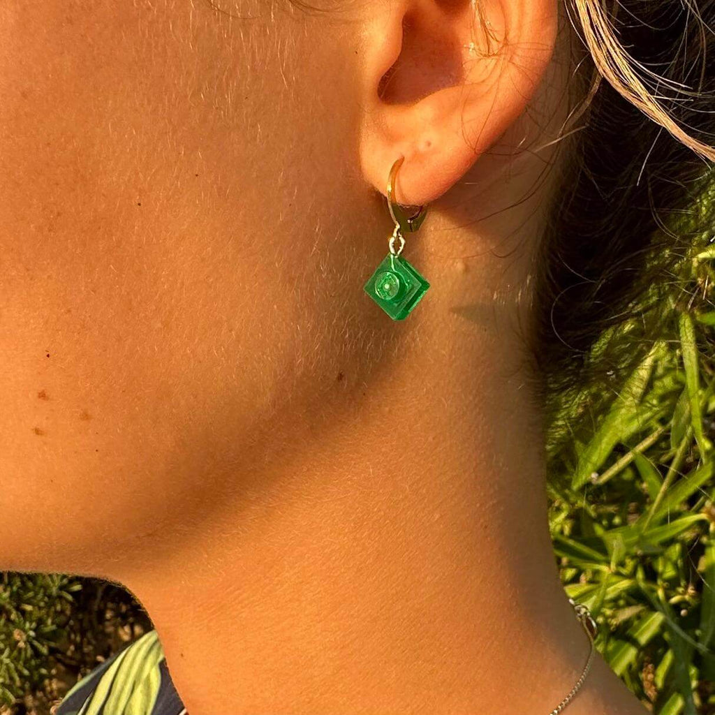 Mini stainless steel sleeper earrings with a Lego® brick