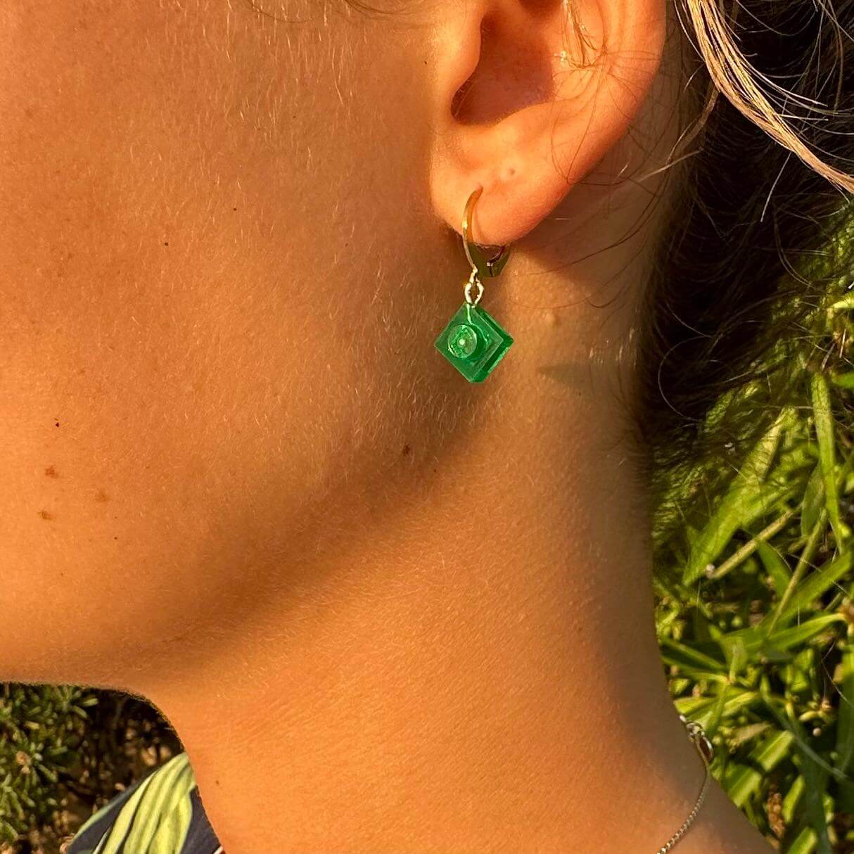 Mini stainless steel sleeper earrings with a Lego® brick