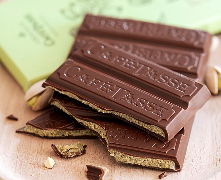 Tablette chocolat praliné pistache au lait sel, chocolat belge Café-Tasse, Dubaï chocolate, chocolat de Dubaï