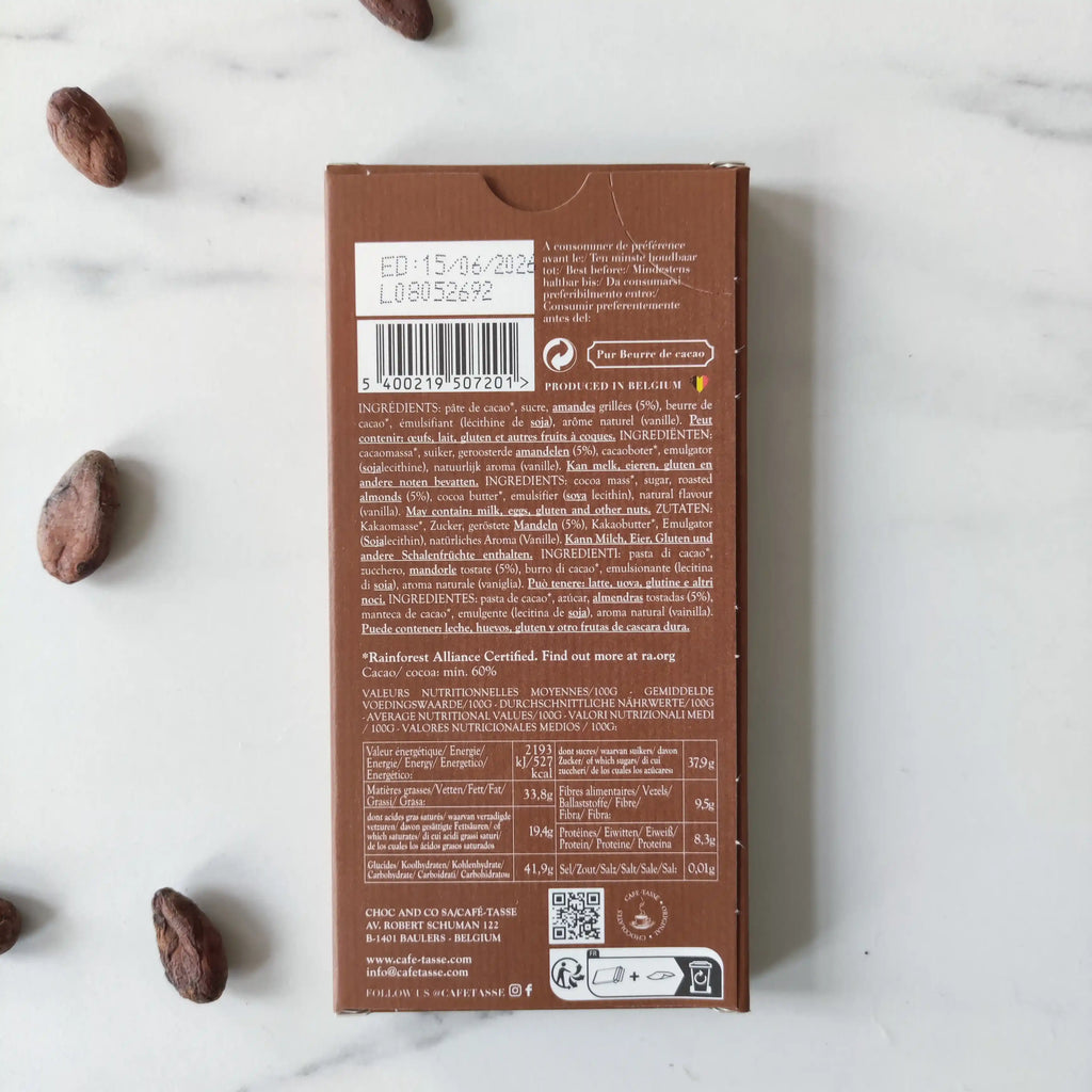 Café-Tasse - Tablette de chocolat Noir & Amandes belge Artisanal