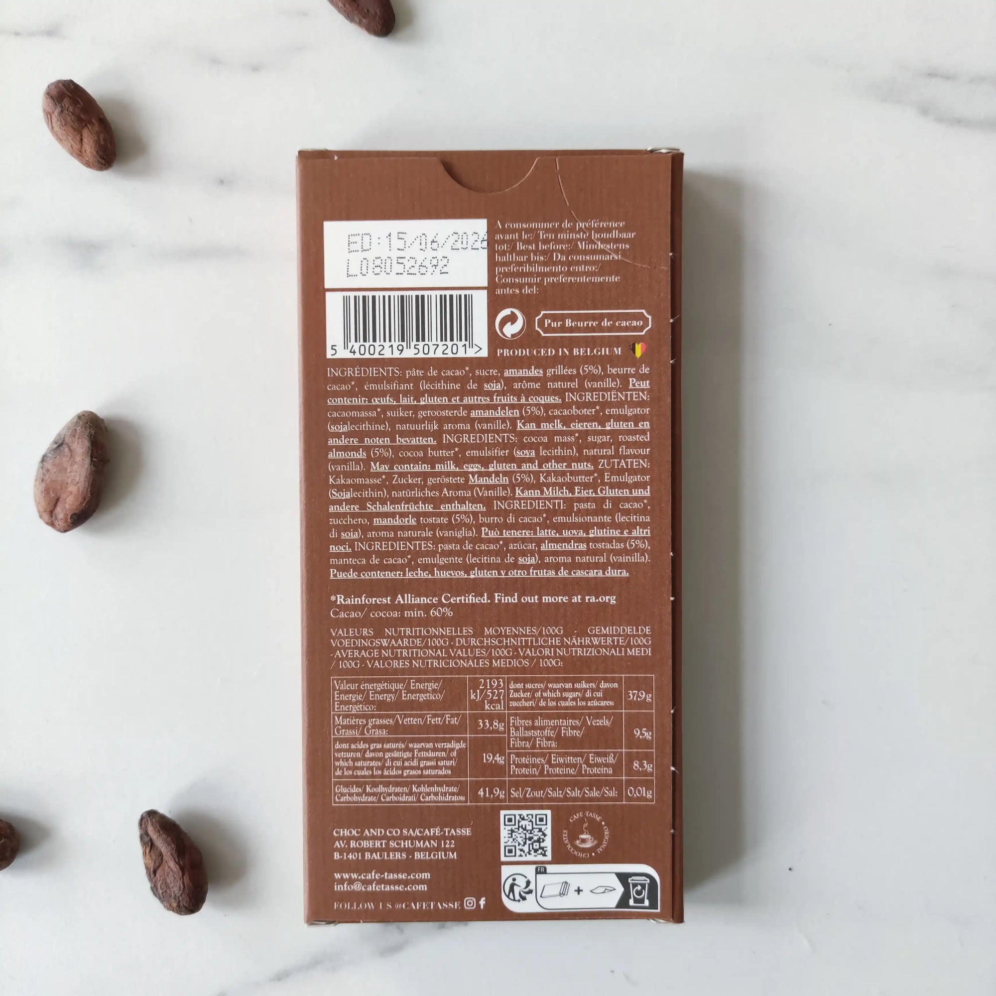 Café-Tasse - Tablette de chocolat Noir & Amandes belge Artisanal