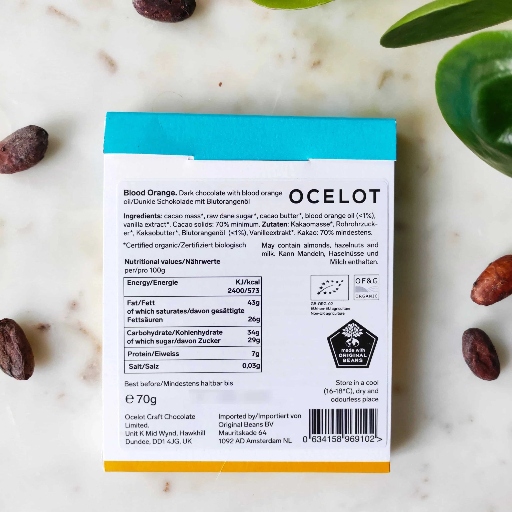 Chocolat noir Ocelot, 70% cacao, orange sanguine, Virunga, Congo, puissant, fruité, gourmand, équilibre, exception, vegan.  Edit alt text