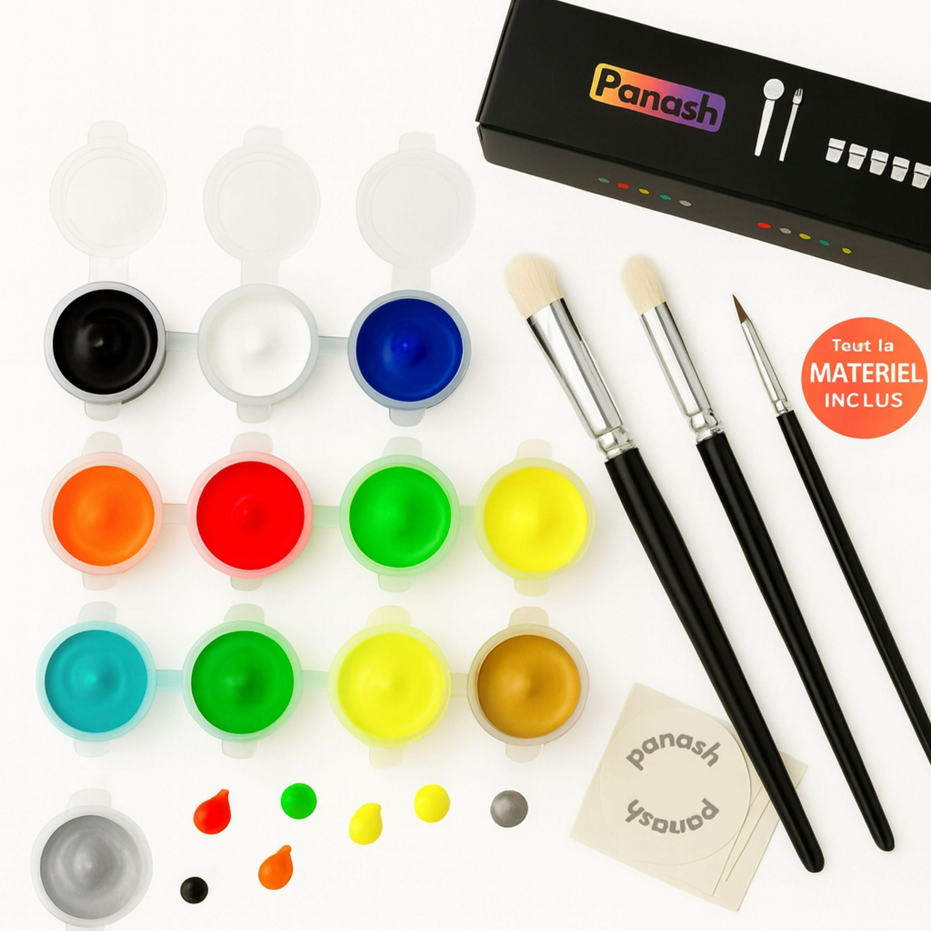 Panash Paints & Accessories Box | 12 acrylic colors + 3 brushes + adhesives + instructions