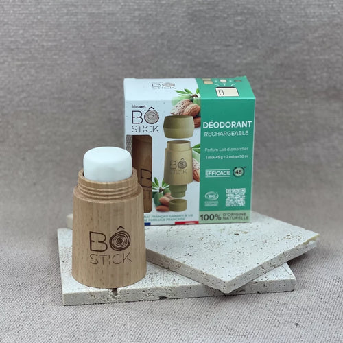 BÔ Nouvelle formule – Duo applicateur en bois et déodorant solide lait d’amandier