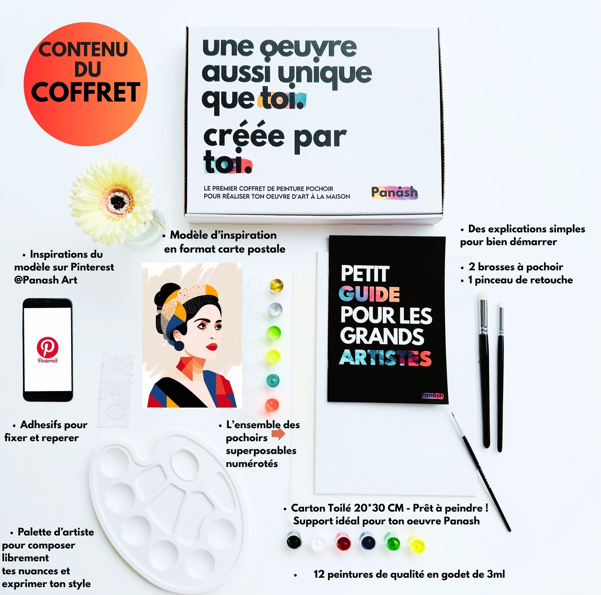 Coffret pochoir LANA – 4 pochoirs superposables + kit peinture complet