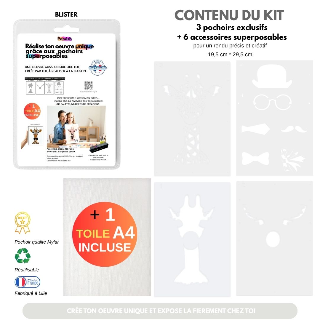 Kit Pochoirs Girafe Léa – 3 pochoirs superposables + 6 accessoires + toile A4 incluse