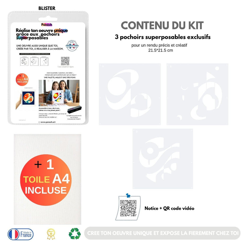 Kit Pochoirs Sinergy – 3 pochoirs abstraits superposables + toile A4 incluse