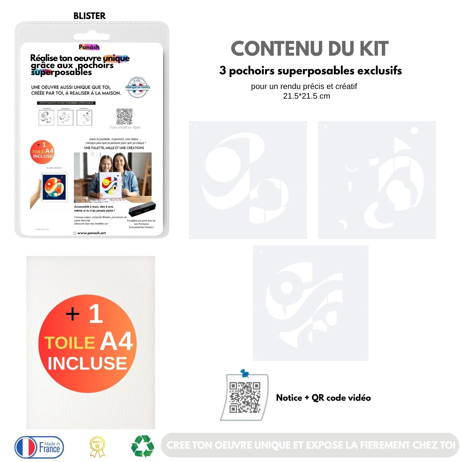 Kit Pochoirs Sinergy – 3 pochoirs abstraits superposables + toile A4 incluse