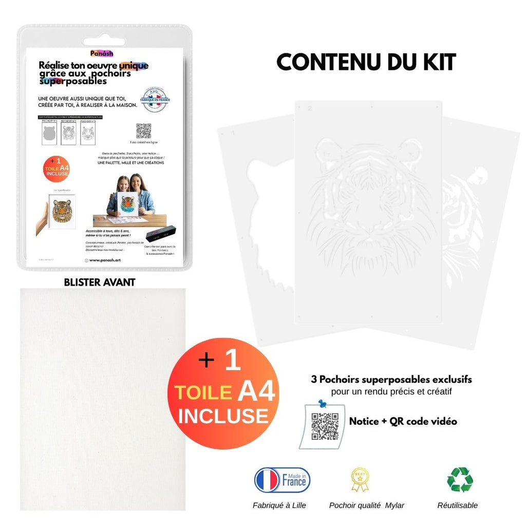 Kit Pochoirs Tigre – 3 pochoirs superposables + toile A4 incluse