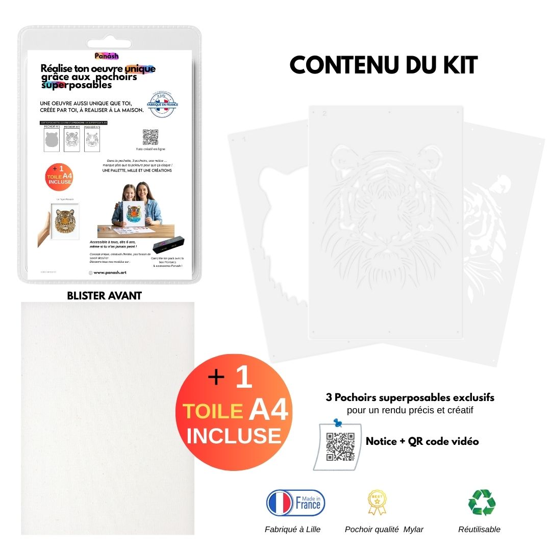 Kit Pochoirs Tigre – 3 pochoirs superposables + toile A4 incluse