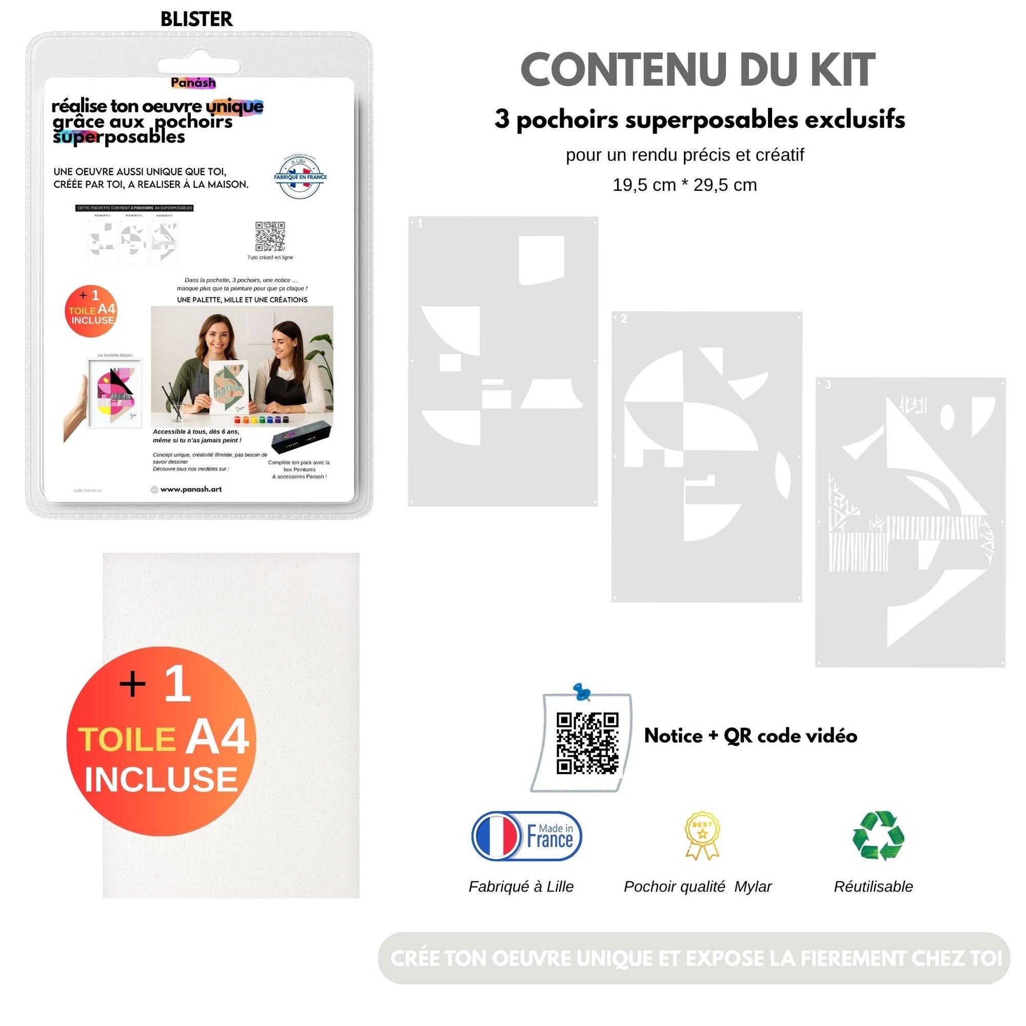 Kit Pochoirs Absolu – 3 pochoirs abstraits superposables + toile A4 incluse