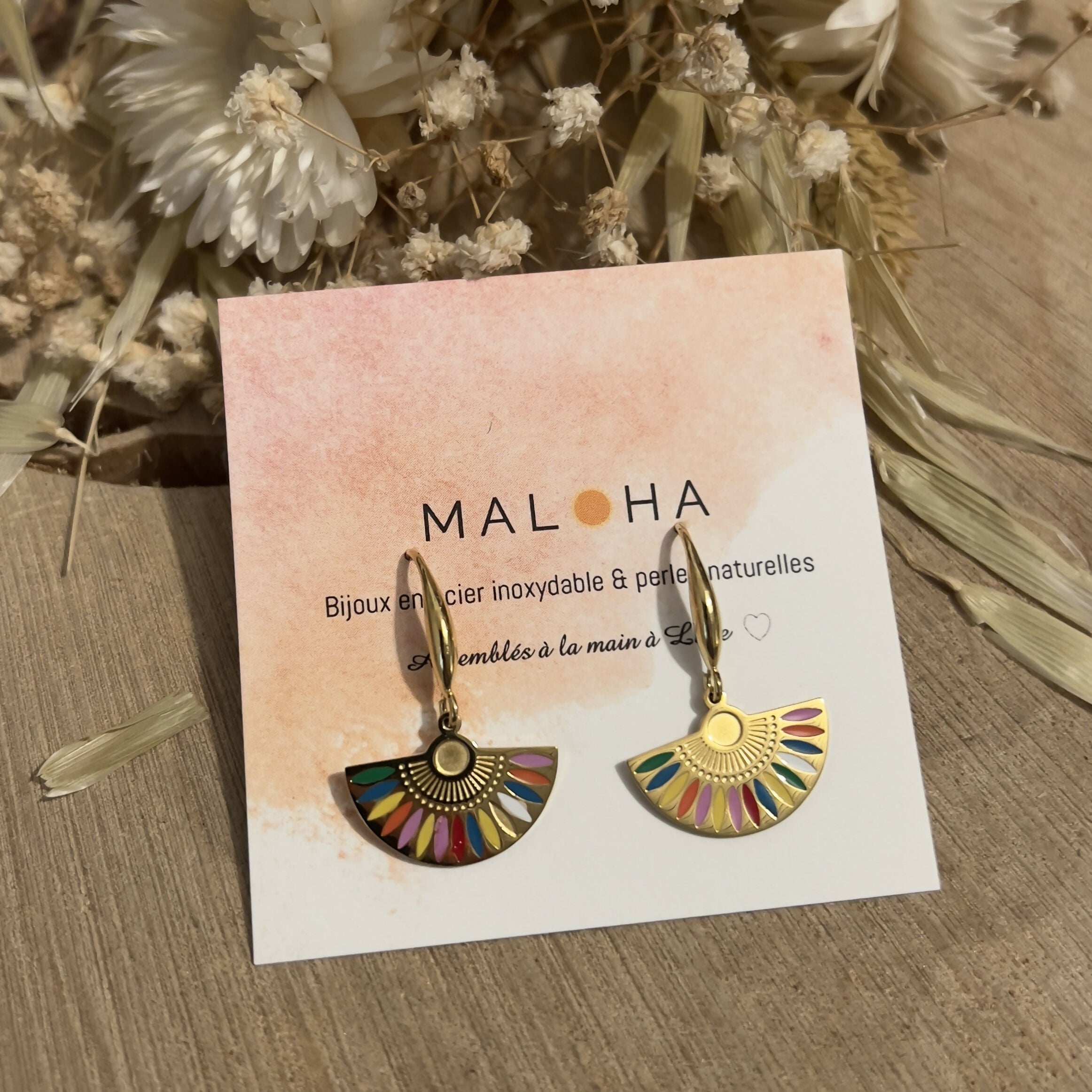 Boucles d'oreilles pendantes éventail multico