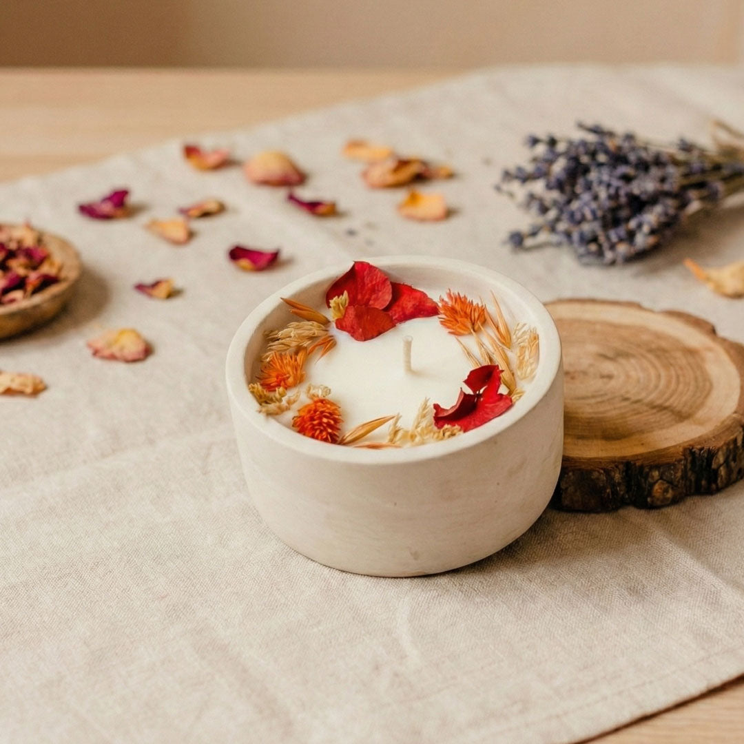Floral candle with walnut and honey