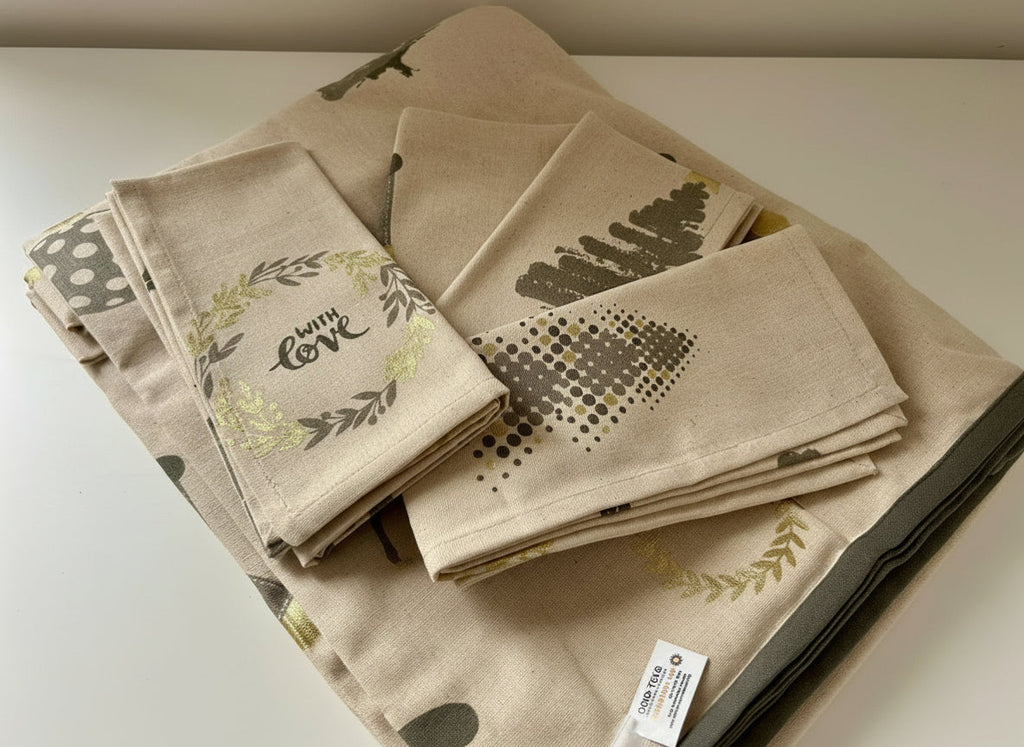 Lot d'une nappe rectangulaire 150x250cm et de 4 serviettes de table de Noël "Sapin"