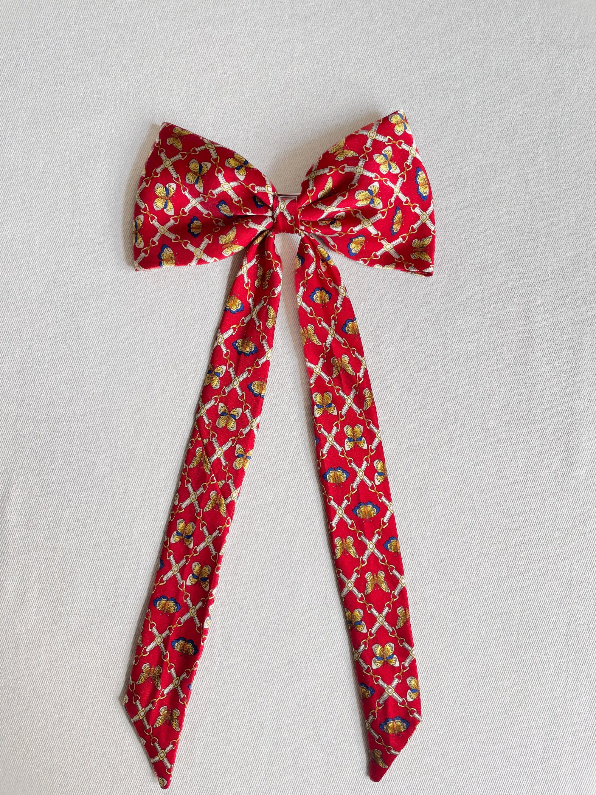 Barrette Nœud Upcyclé 'Envol Rougeoyant' (grand)