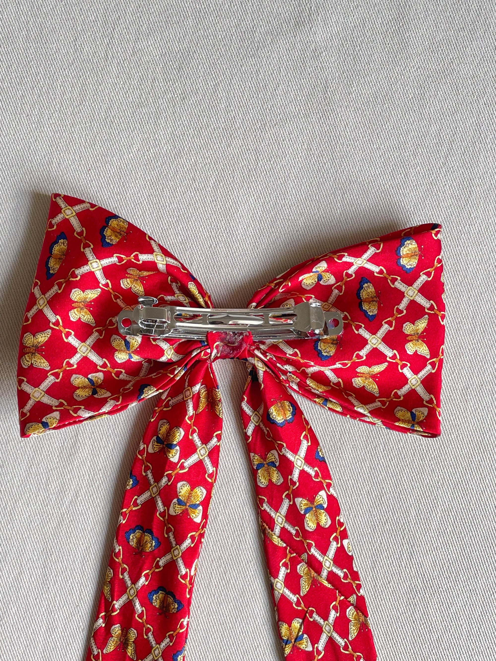 Barrette Nœud Upcyclé 'Envol Rougeoyant' (grand)