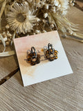 Silver CLIP-ON creole earrings & their brown-beige flowers