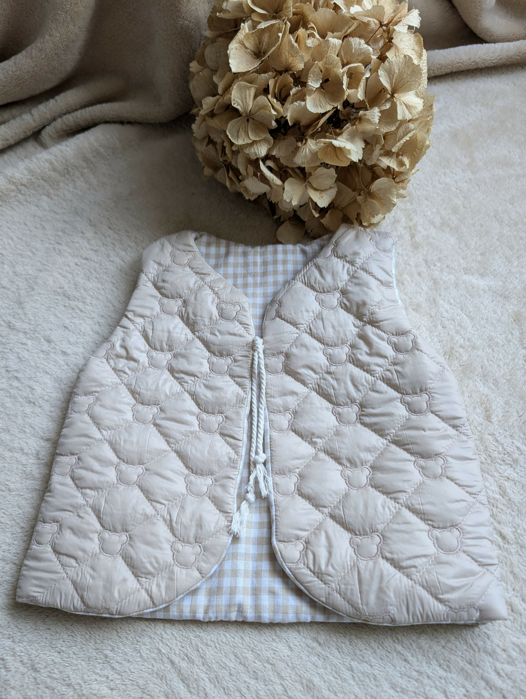 QUILTED BEIGE SHEPHERD'S VEST WITH GINGHAM TEDDY BEARS 18 MONTHS-3 YEARS