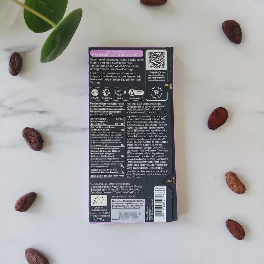 OB 55% de cacao Femmes de Virunga - Congo semaine européenne du développement durable  fête des pères  fête des mères  Fête des grands-mères  Développement durable  Congo  chocolatier  chocolat équitable  chocolat livraison  Chocolat développement durables  Chocolat développement durable  Chocolat d'origine Virunga  chocolat d'origine  Chocolat au lait  chocolat artisanal  chocolat  artisan chocolatier  55% de cacao  Original Beans