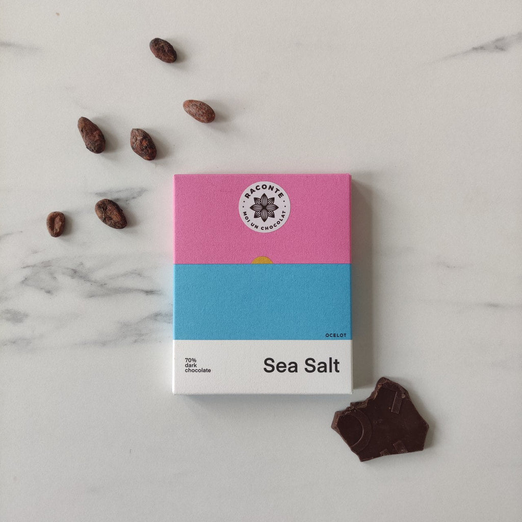 Océlot, chocolat noir, chocolat noir 70%, Sea Salt, sel marin, chocolat au sel marin, Raconte-moi un chocolat, chocolat d'execpetion, tablette, tablette de chocoat, bio, chcoclat bio, chocolat biologique, biologique, plaque de chocolat, chocolat original, goût original, qualité supérieur, chocolat bean-to-bar, Bean-to-Bar, sucré salé, chocolat sucré salé 