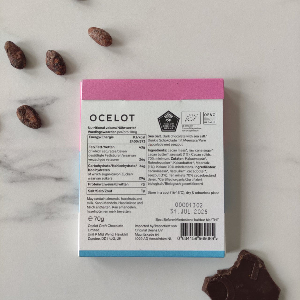 Océlot, chocolat noir, chocolat noir 70%, Sea Salt, sel marin, chocolat au sel marin, Raconte-moi un chocolat, chocolat d'exécution, tablette, tablette de chocoat, bio, chcoclat bio, chocolat biologique, biologique, plaque de chocolat, chocolat original, goût original, qualité supérieure, chocolat bean-to-bar, Bean-to-Bar, sucré salé, chocolat sucré salé