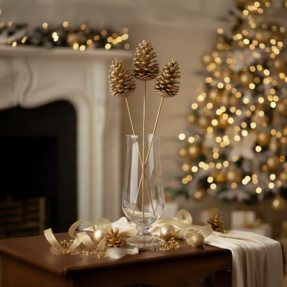 Pomme de pin - tige dorée